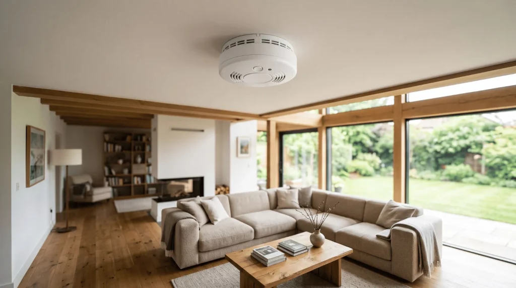 Rauchmelder an der Zimmerdecke in einem modernen Wohnraum