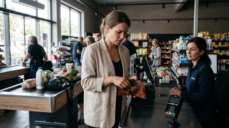 Frau sucht an einer Supermarktkasse nach Bargeld f&uuml;r den Notfall