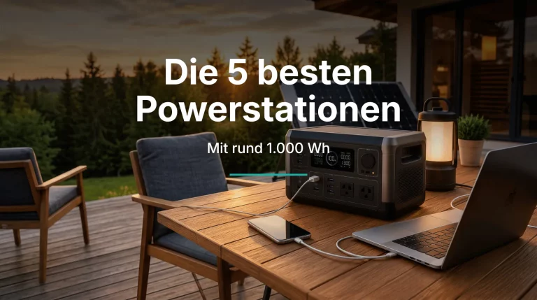 Beitragsbild mit Powerstation auf einer Terrasse f&uuml;r den Vergleich der 5 besten Powerstationen um 1.000 Wh | Alltagssicherheit