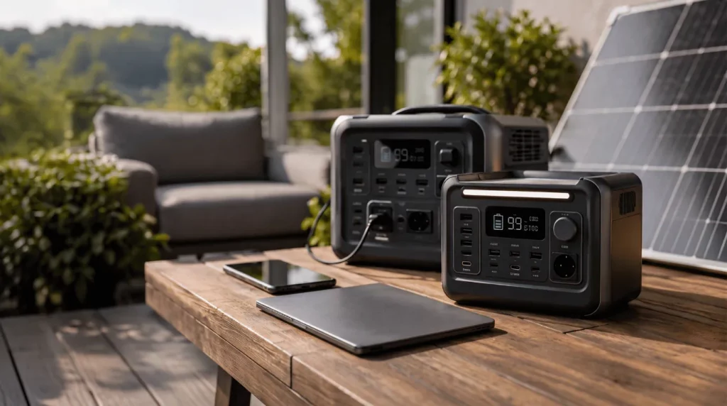 Zwei Powerstationen mit Solarpanel, Smartphone und Laptop auf einer Terrasse