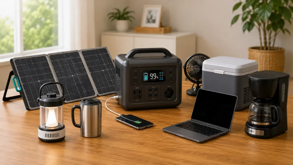 Powerstation mit Solarpanel und Geräten für die mobile Stromversorgung