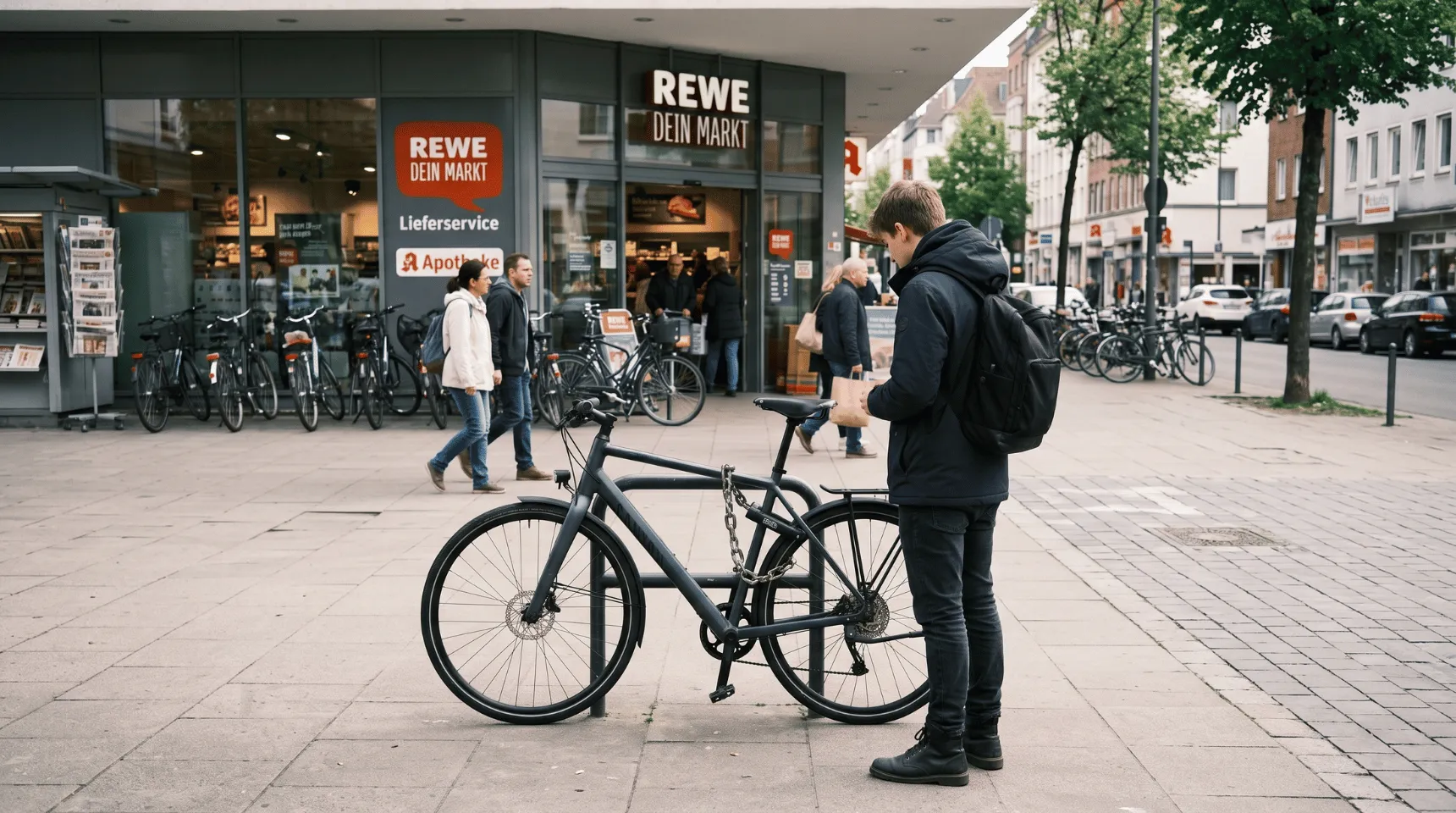 Fahrrad vor Diebstahl sch&uuml;tzen: Abgeschlossenes Fahrrad vor einem Supermarkt in der Innenstadt