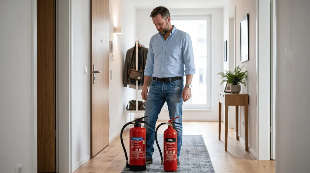 Mann vergleicht zwei Feuerl&ouml;scher f&uuml;r zu Hause in einem Wohnungsflur.