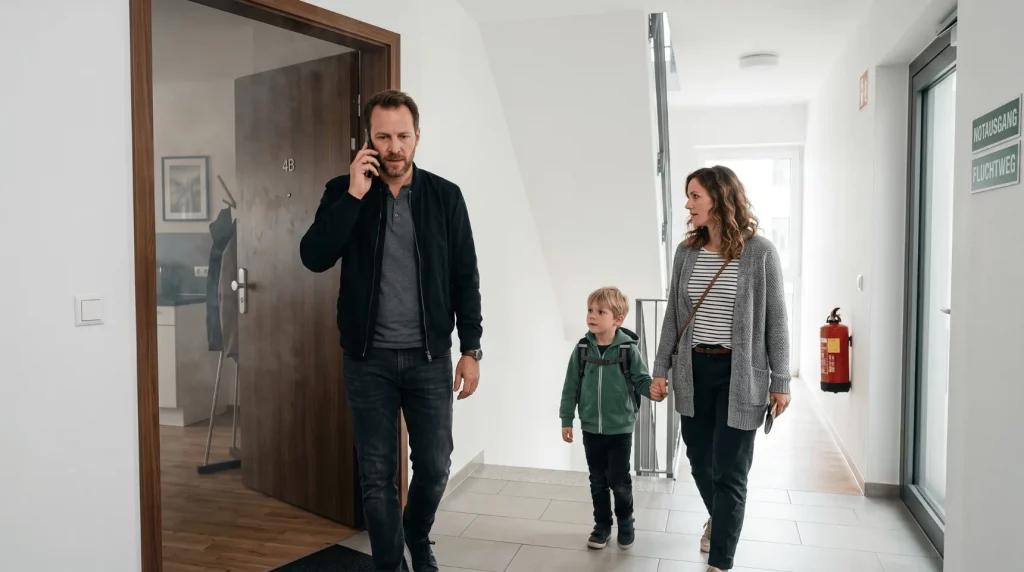 Familie verlässt wegen Rauchentwicklung die Wohnung, während der Vater den Notruf wählt.