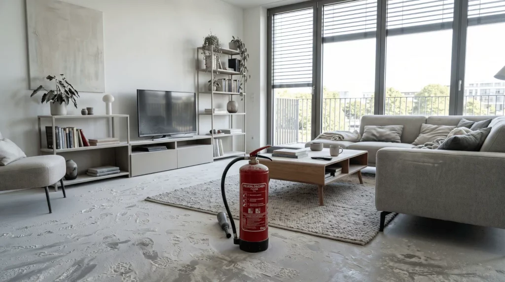 Pulverlöscher in einem Wohnzimmer mit Löschpulver auf Boden und Möbeln.