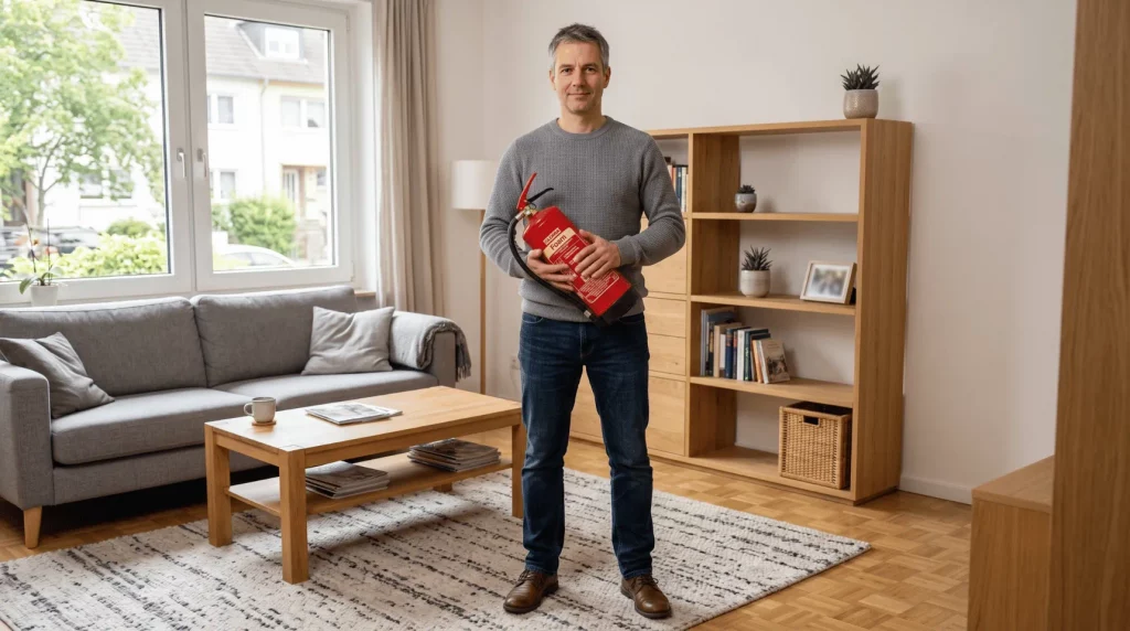 Mann hält einen Schaumlöscher für typische Brandgefahren in Wohnräumen.