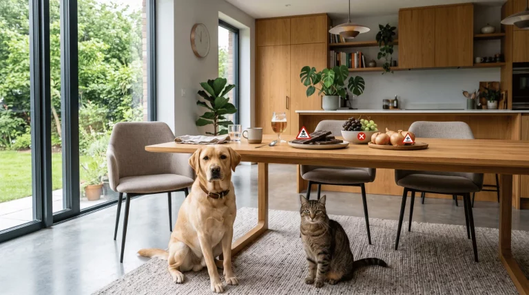 Hund und Katze sitzen vor einem Tisch mit verschiedenen Lebensmitteln, die f&uuml;r Haustiere gef&auml;hrlich sein k&ouml;nnen.