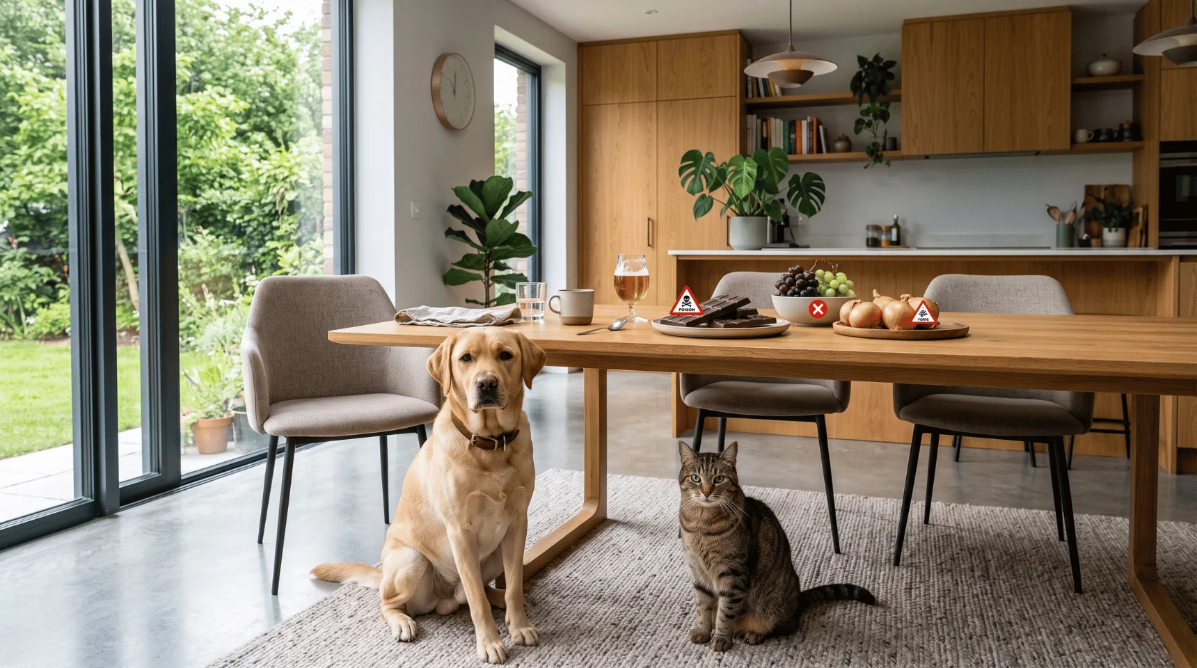 Hund und Katze sitzen vor einem Tisch mit verschiedenen Lebensmitteln, die f&uuml;r Haustiere gef&auml;hrlich sein k&ouml;nnen.
