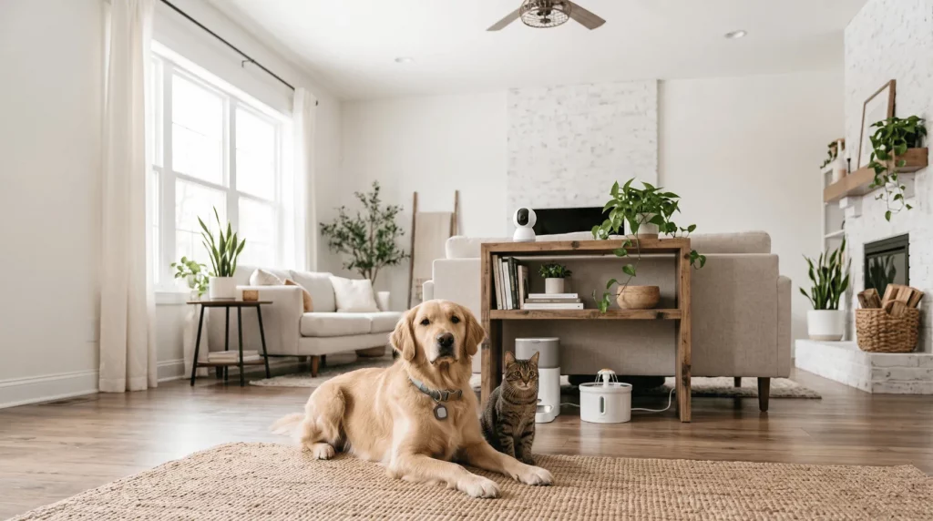 Hund und Katze mit smarten Haustierprodukten in einem modernen Wohnzimmer