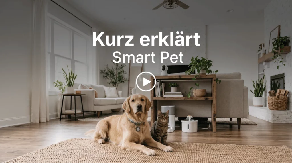 Titelbild &bdquo;Kurz erkl&auml;rt: Smart Pet&ldquo; mit Hund, Katze und smarten Haustierprodukten im Wohnzimmer
