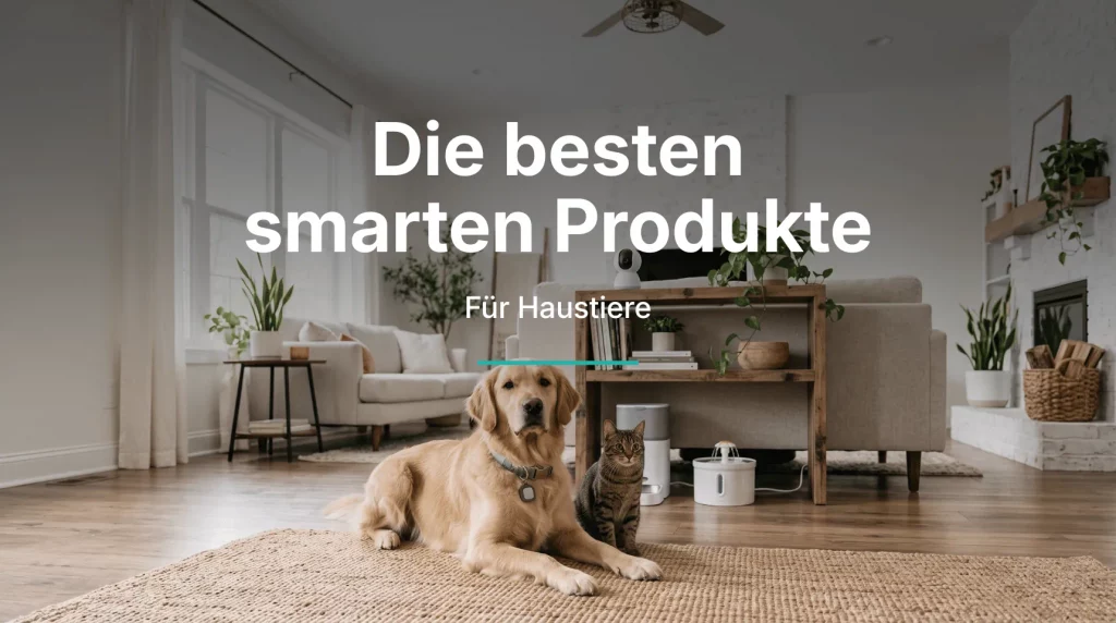 Hund und Katze mit smarten Produkten wie Haustierkamera, Futterautomat und Trinkbrunnen im Wohnzimmer.