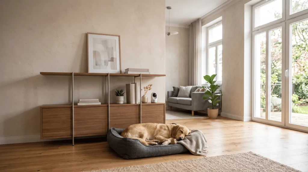 Hund liegt entspannt im Wohnzimmer mit einer Haustierkamera im Hintergrund