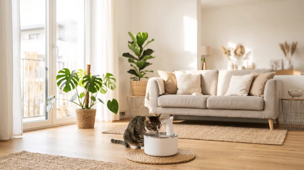 Katze trinkt aus einem modernen Trinkbrunnen im Wohnzimmer