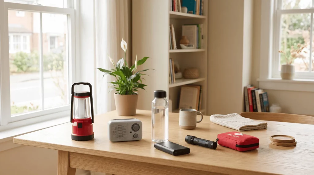 Notfallvorsorge mit LED-Laterne, Radio, Wasserflasche, Powerbank, Taschenlampe und Erste-Hilfe-Set auf einem Tisch.