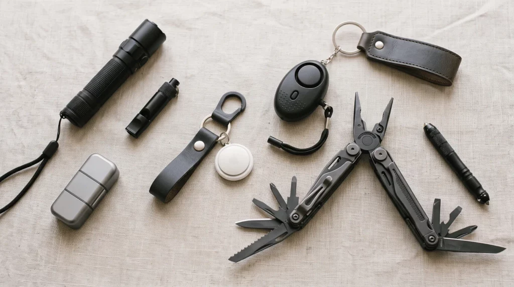 Taschenlampe, Signalpfeife, Personenalarm, Bluetooth-Tracker und Multitool auf hellem Untergrund.