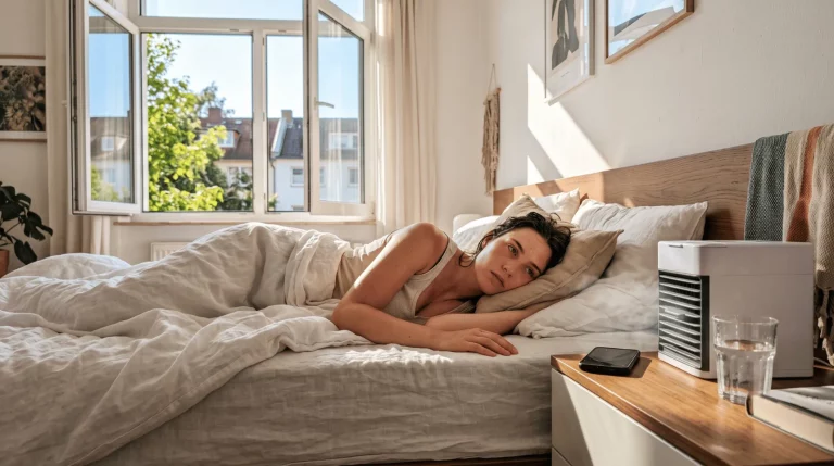 Mobile Klimaanlage mit ge&ouml;ffnetem Fenster und Fensterabdichtung in einem hellen Wohnraum.