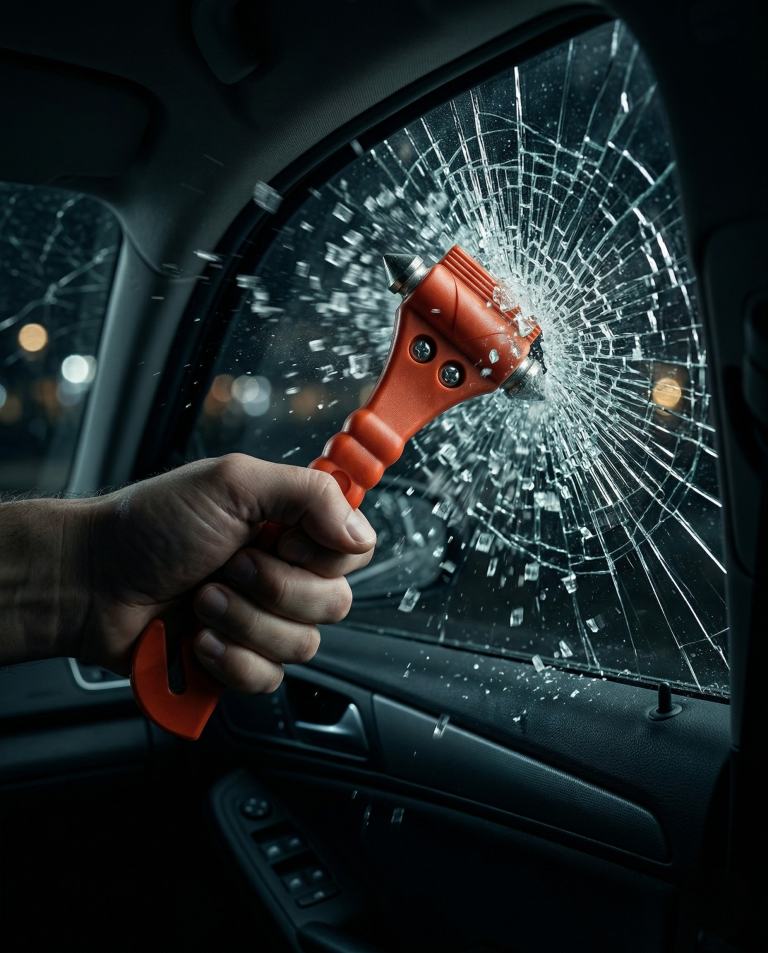 Notfallhammer schl&auml;gt Autoscheibe ein &ndash; Glasscherben fliegen | Alltagssicherheit
