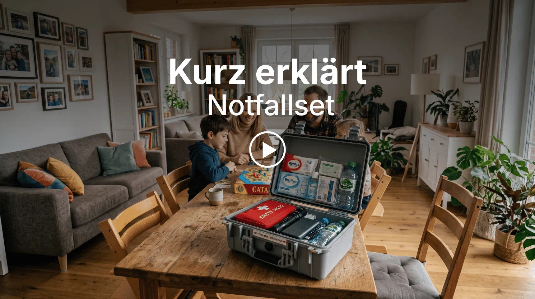 Beitragsbild der Rubrik Kurz erkl&auml;rt zum Thema Notfallset f&uuml;r zu Hause mit einer Familie und einer ge&ouml;ffneten Notfallbox im Wohnzimmer | Alltagssicherheit