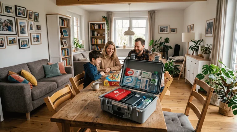 Beitragsbild des Ratgebers zum Thema Notfallset f&uuml;r zu Hause mit einer Familie und einer ge&ouml;ffneten Notfallbox im Wohnzimmer | Alltagssicherheit