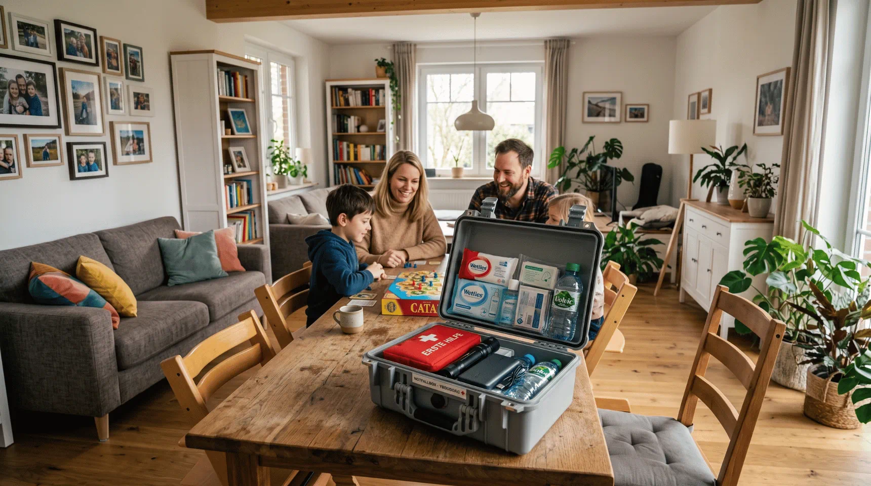 Beitragsbild des Ratgebers zum Thema Notfallset f&uuml;r zu Hause mit einer Familie und einer ge&ouml;ffneten Notfallbox im Wohnzimmer | Alltagssicherheit