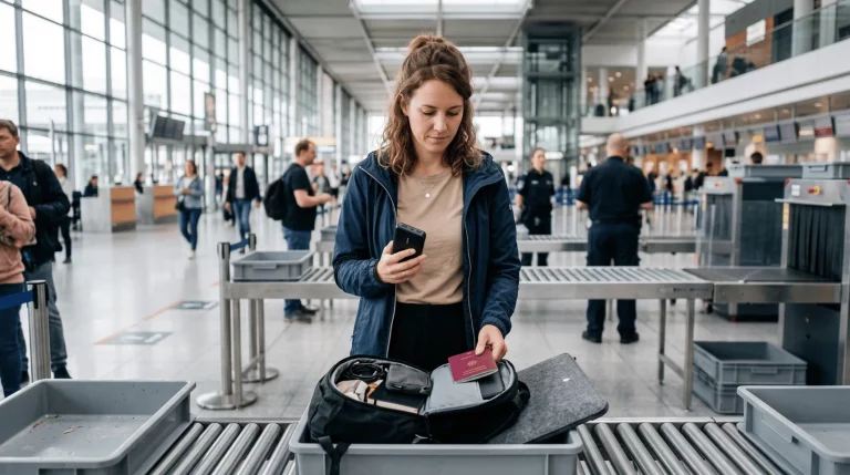 Reisende mit einer Powerbank an der Sicherheitskontrolle eines Flughafens