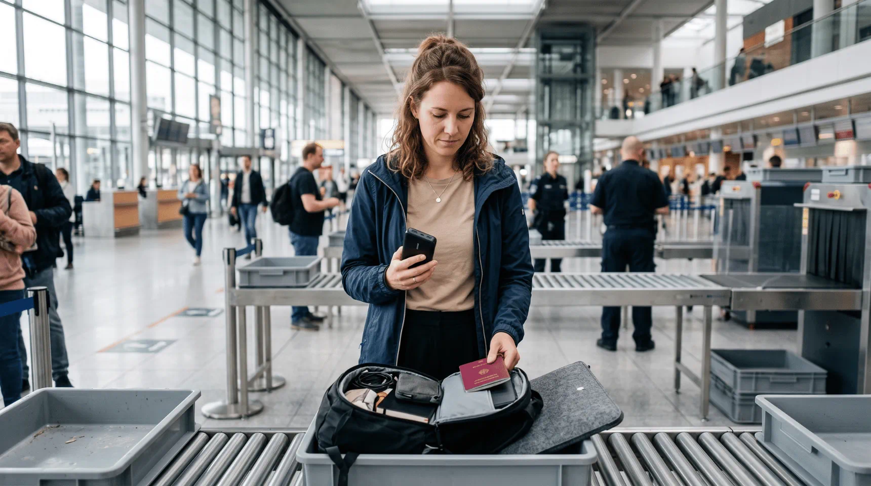 Reisende mit einer Powerbank an der Sicherheitskontrolle eines Flughafens