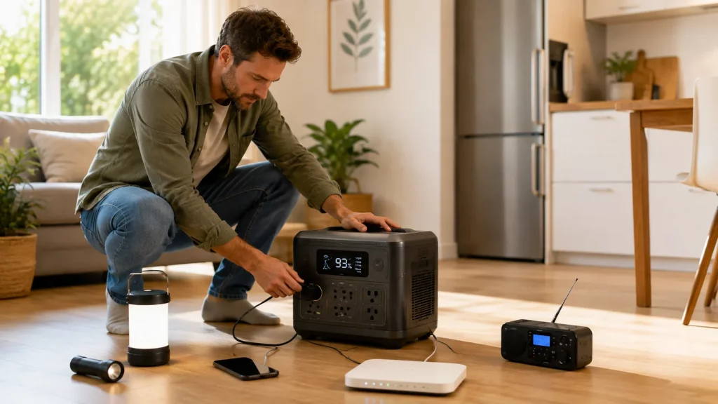 Mann bereitet eine Powerstation mit Lampe, Smartphone, Router und Radio für einen Stromausfall vor