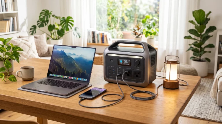 Powerstation mit Laptop, Smartphone und LED-Lampe als mobile Stromversorgung im Alltag