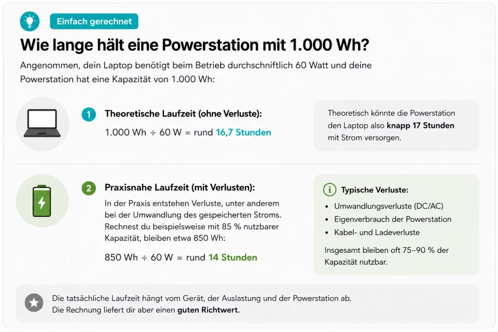 Beispielrechnung zur Laufzeit einer Powerstation mit 1.000 Wh bei einem Laptop mit 60 Watt