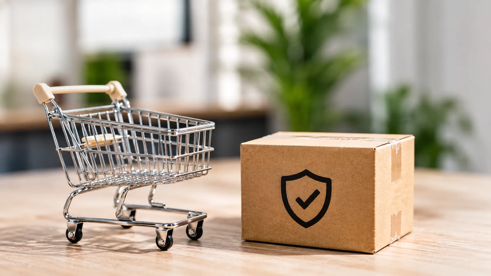 Einkaufswagen und Paket mit Sicherheitssymbol