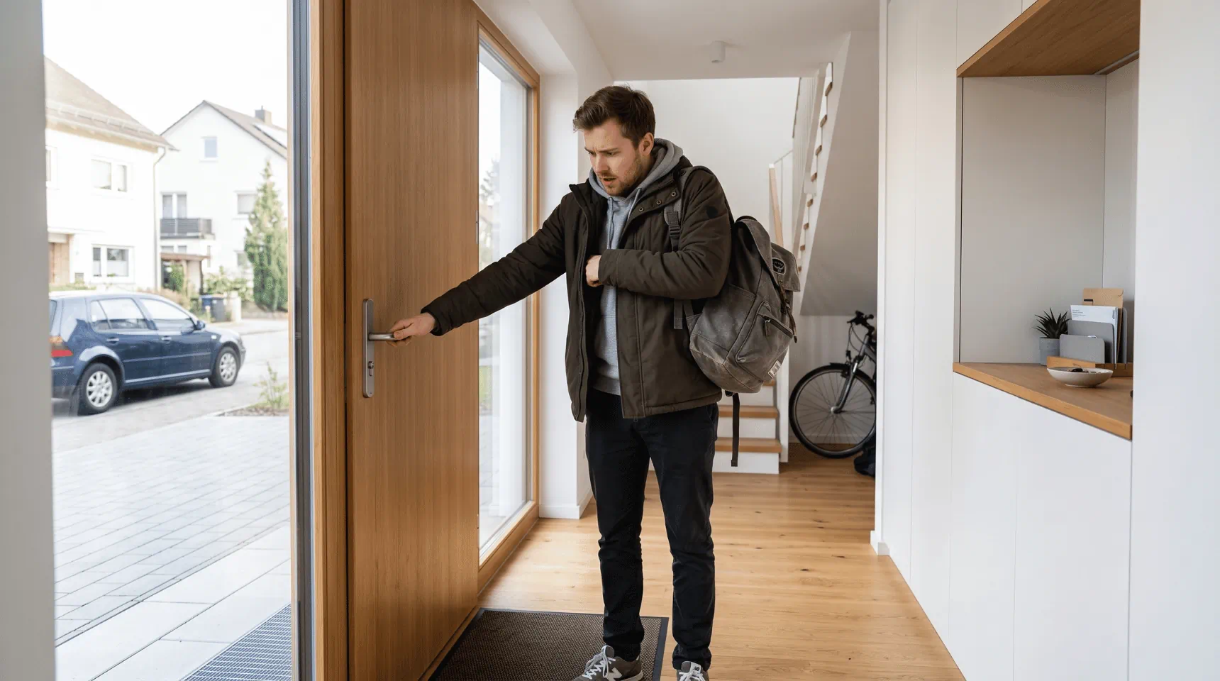 Person sucht vor dem Verlassen des Hauses ihren Schl&uuml;ssel mit Bluetooth-Tracker.