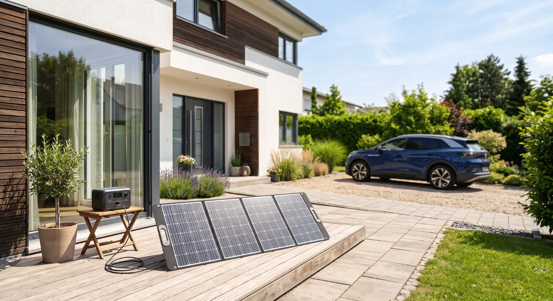 Faltbares Solarpanel l&auml;dt eine Powerstation auf der Terrasse eines Einfamilienhauses.