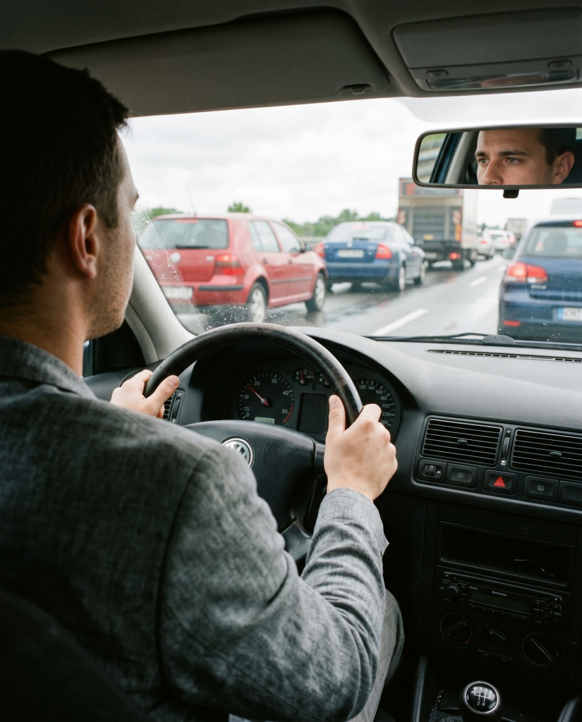 Fahrer sitzt am Steuer und schaut auf stockenden Verkehr auf der Autobahn bei Regen | Alltagssicherheit