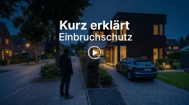 Beitragsbild der Serie &bdquo;Kurz erkl&auml;rt&ldquo; zum Thema Einbruchschutz mit Wohnhaus in der Abendd&auml;mmerung | Alltagssicherheit