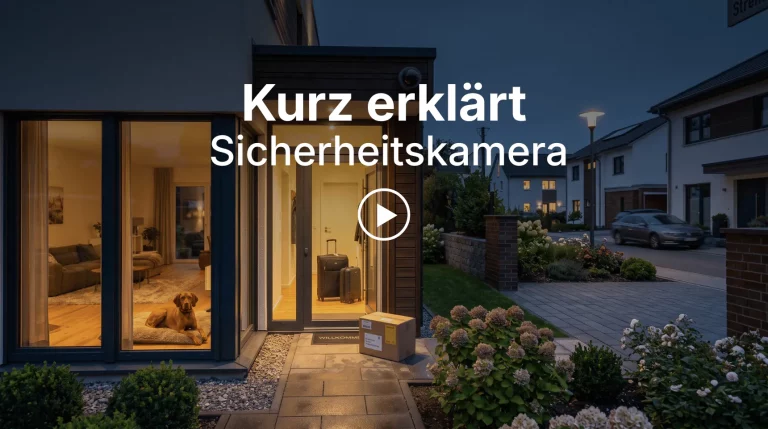 Beitragsbild der Rubrik Kurz erkl&auml;rt zum Thema Sicherheitskamera mit modernem Wohnhaus und Video-Hinweis | Alltagssicherheit